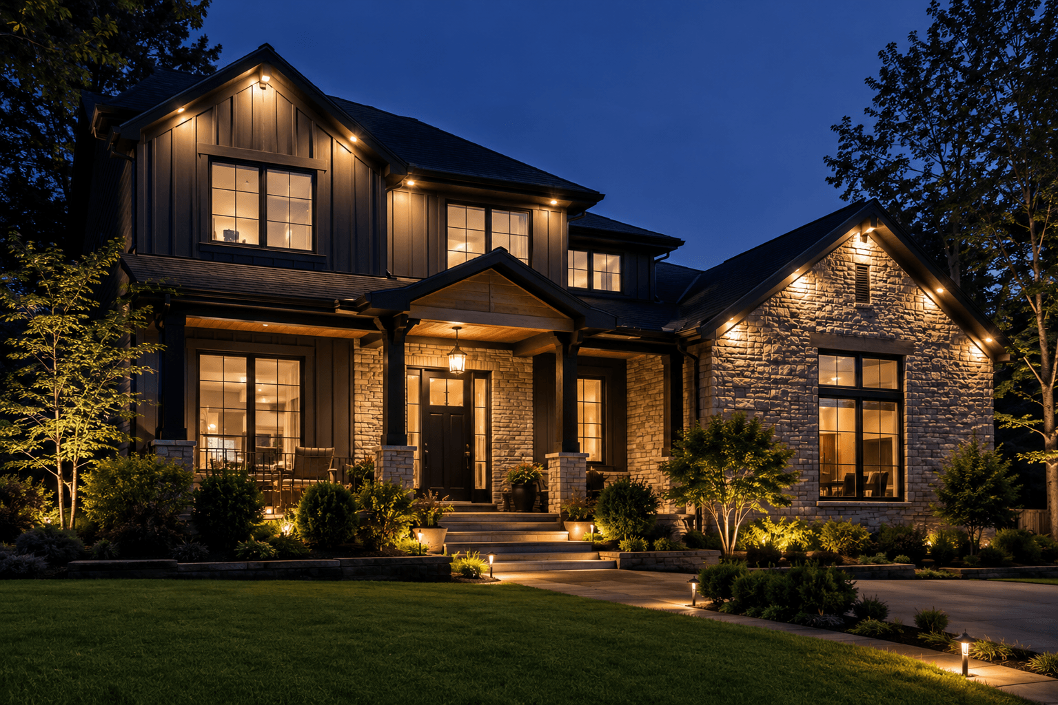 Permanent lighting installation on a home at night, Blue Bolt Electric in the Cincinnati Tri-State
